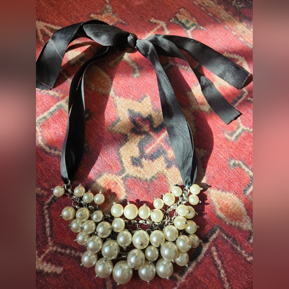 Chic Pearl and Black Ribbon Necklace